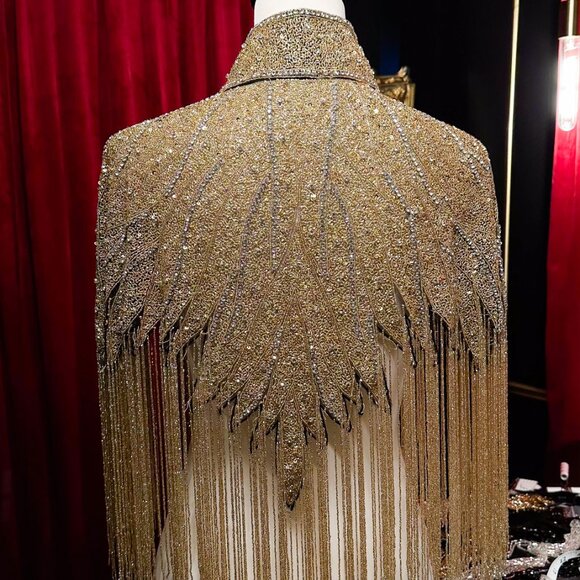 Gold Sequin  Fringe Cape, Rhinestone Shawl, Luxury Beaded Cape, Festival Outfit - Picture 4 of 11